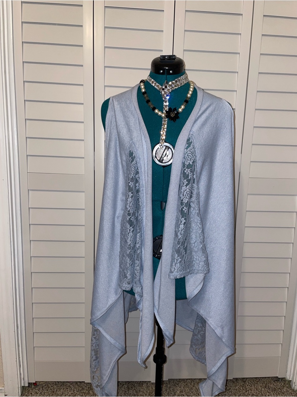 Light Blue Lace-Trim Draped Kimono Cardigan